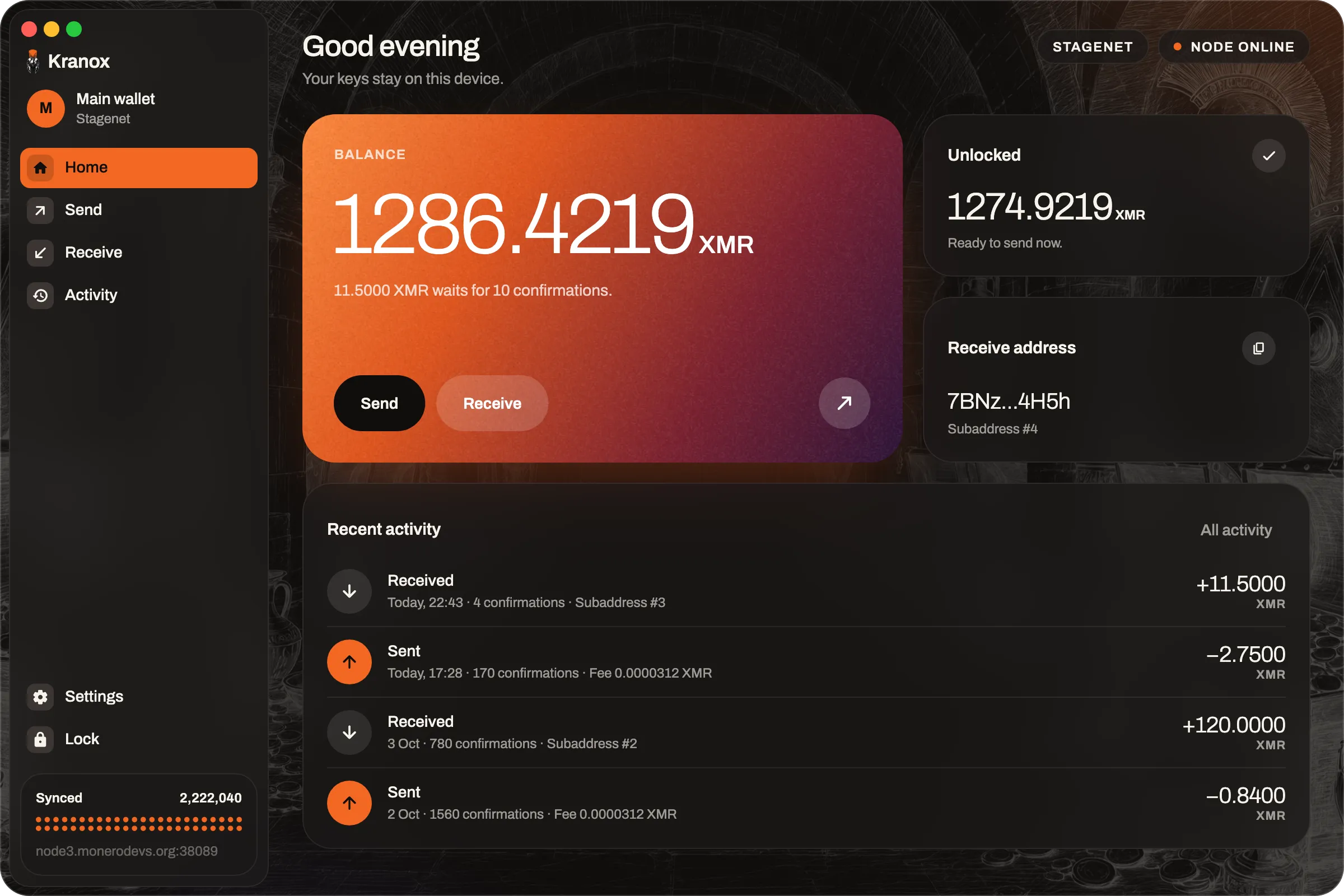 The Kranox desktop app in development, with sample data: the home screen with the balance, the buttons Send and Receive, the receive address, and the recent activity.