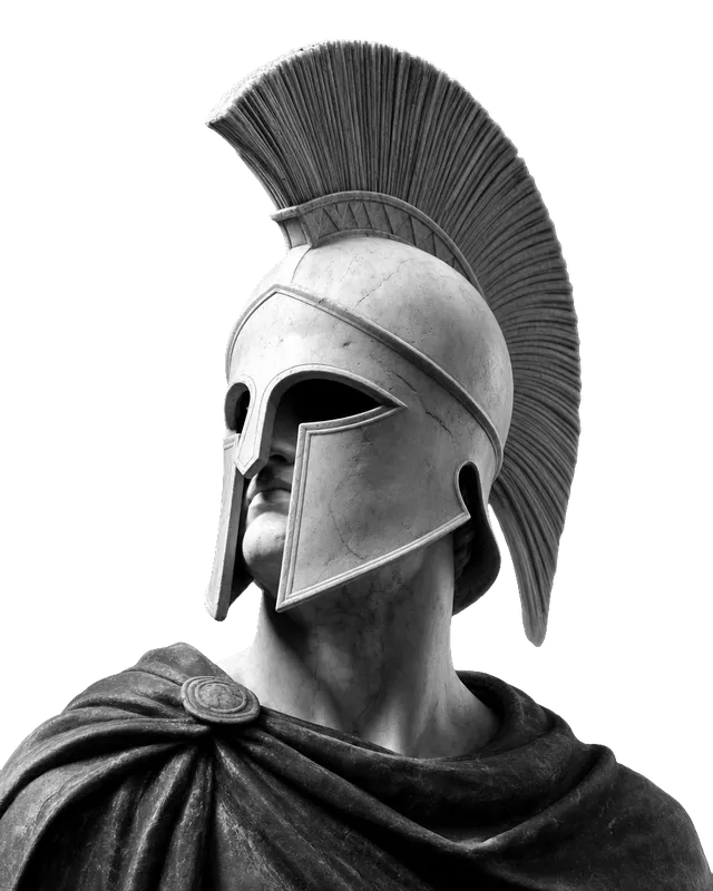 A marble bust of a hoplite with a Corinthian helmet and a tall crest.