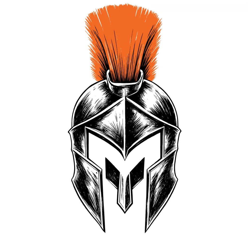Ink drawing of a Corinthian helmet with an orange crest.