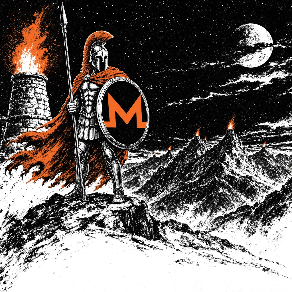 Ink drawing of a hoplite who guards a signal fire at night. More fires burn on distant peaks.