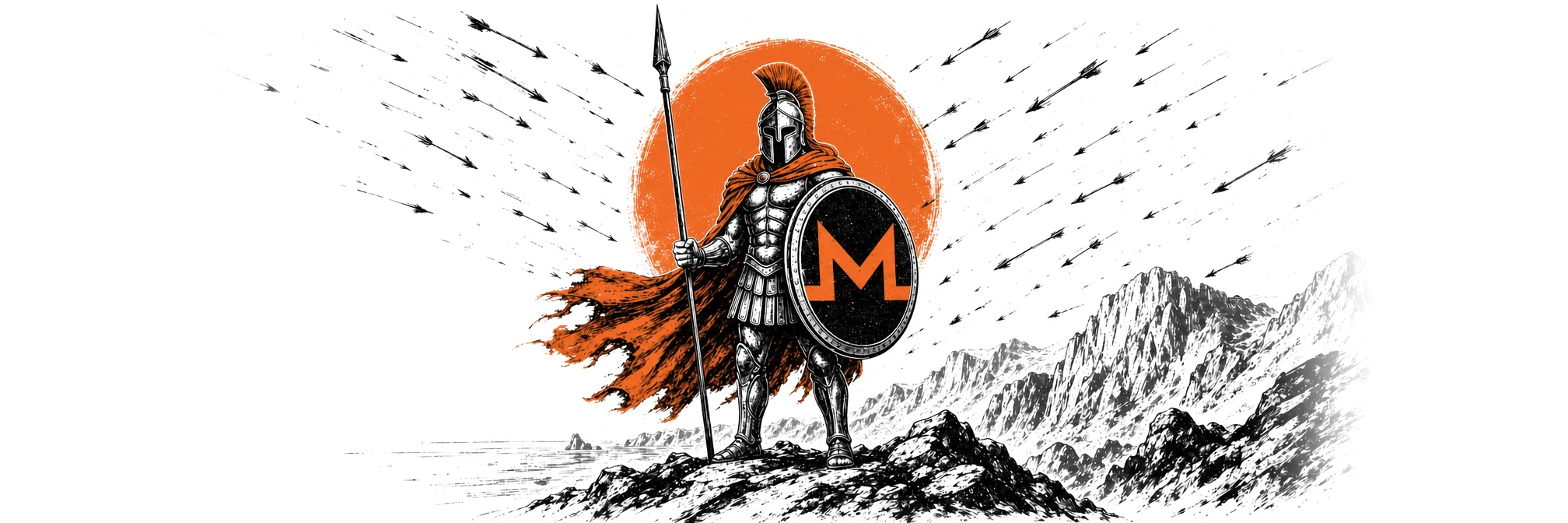 Ink drawing of a Spartan hoplite who stands on a ridge in front of an orange sun. Arrows fill the sky. The shield carries the M of the Monero symbol.