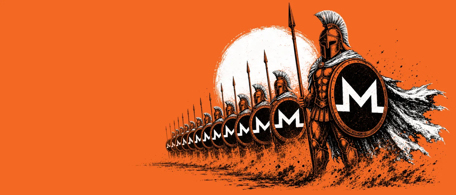 Ink drawing of a line of Spartan hoplites with overlapping shields. Each shield carries the M of the Monero symbol.
