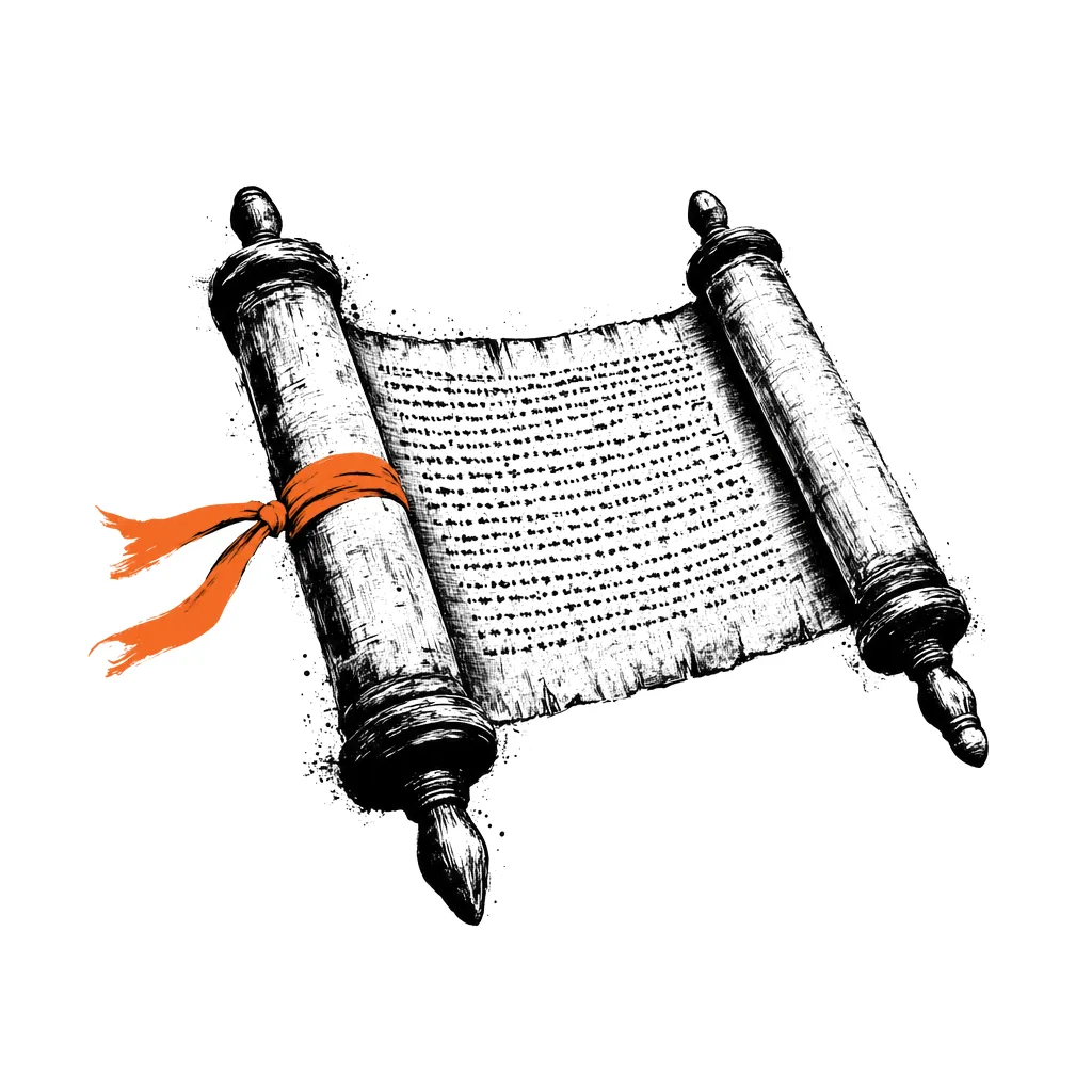 Ink drawing of an open scroll with an orange ribbon.