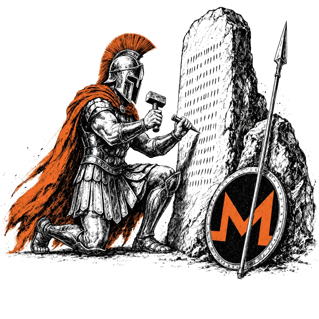 Ink drawing of a hoplite who kneels and carves marks into a stone tablet.