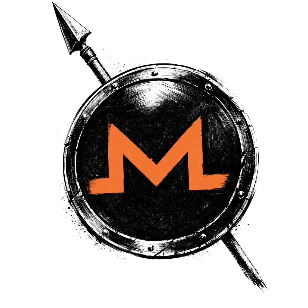 Ink drawing of a round shield with the M of the Monero symbol, in front of a spear.